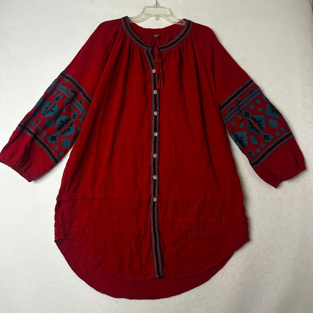 Free People Red Embroidered Cotton Gauze Tunic Top Boho Tassel XS